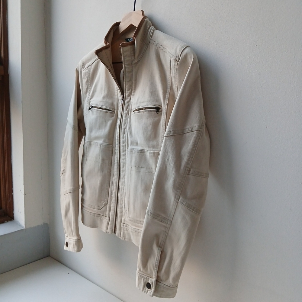Lauren Ralph Lauren Canvas Moto Jacket Tan Leather Trim Medium - Picture 2 of 7